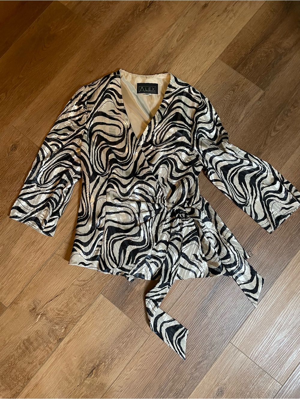 Alex Evenings Black and Ivory Abstract Wrap Blouse